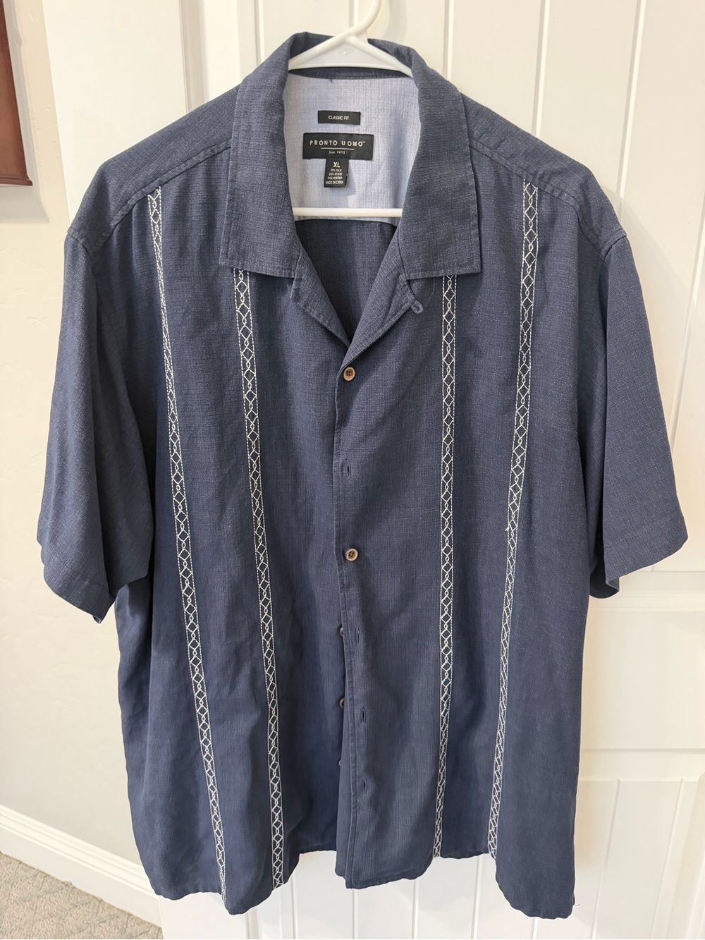 Pronto Uomo Navy Blue Short-Sleeve Embroidered Camp Shirt